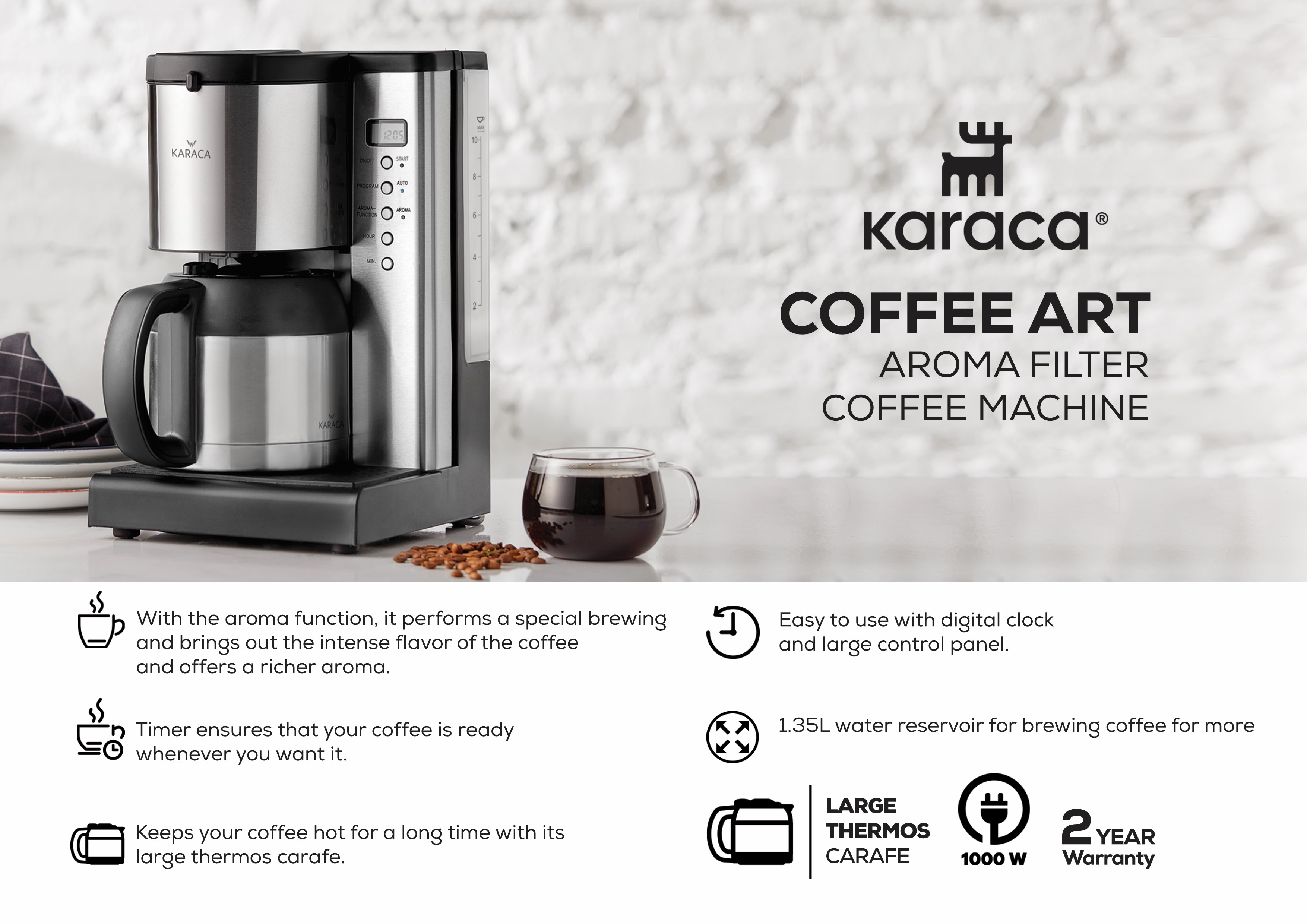 Karaca Coffee Brew Inox 2 in 1 Aroma Filter Coffee and Tea Brewing Machine  - KARACA EUROPE