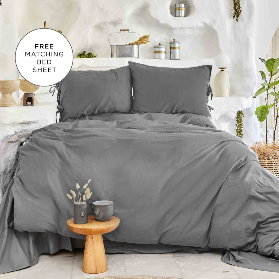 Karaca Home 4 Elements 100% Turkish Cotton Duvet Cover Set with Bed Sheet,  Double, Anthracite - KARACA UK