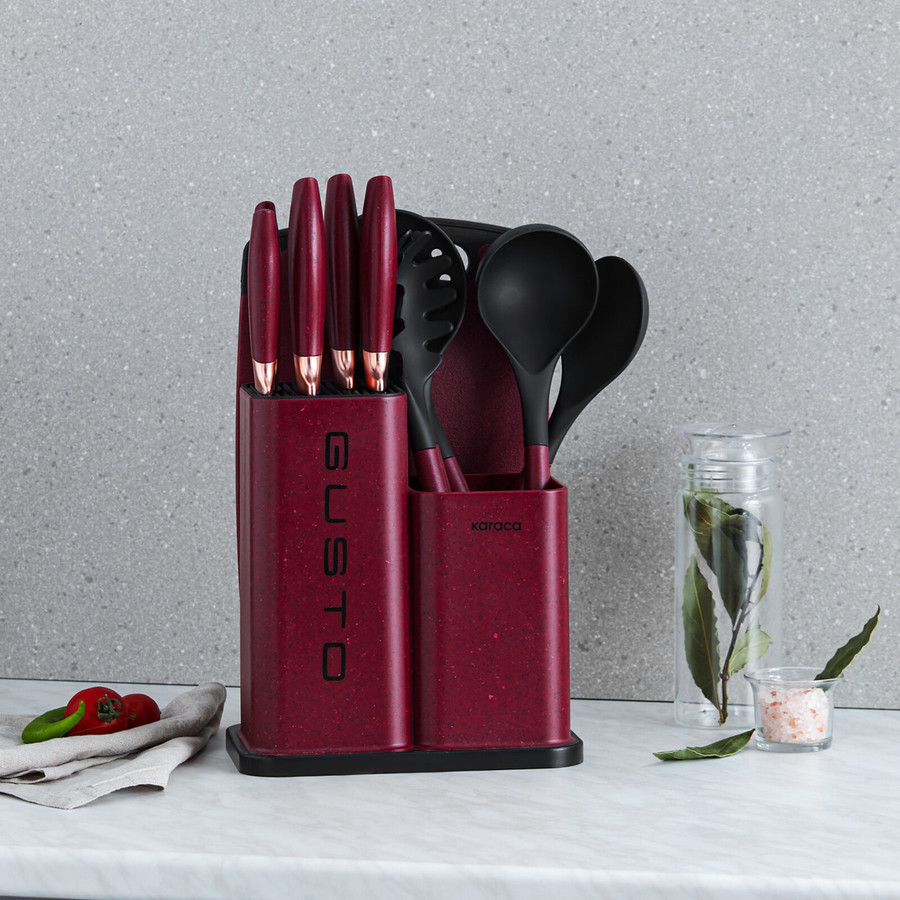 Karaca Gusto Knife Set with Block, Kitchen Utensil Set with Block and Chopping Board, 12 Piece, Burgundy Black