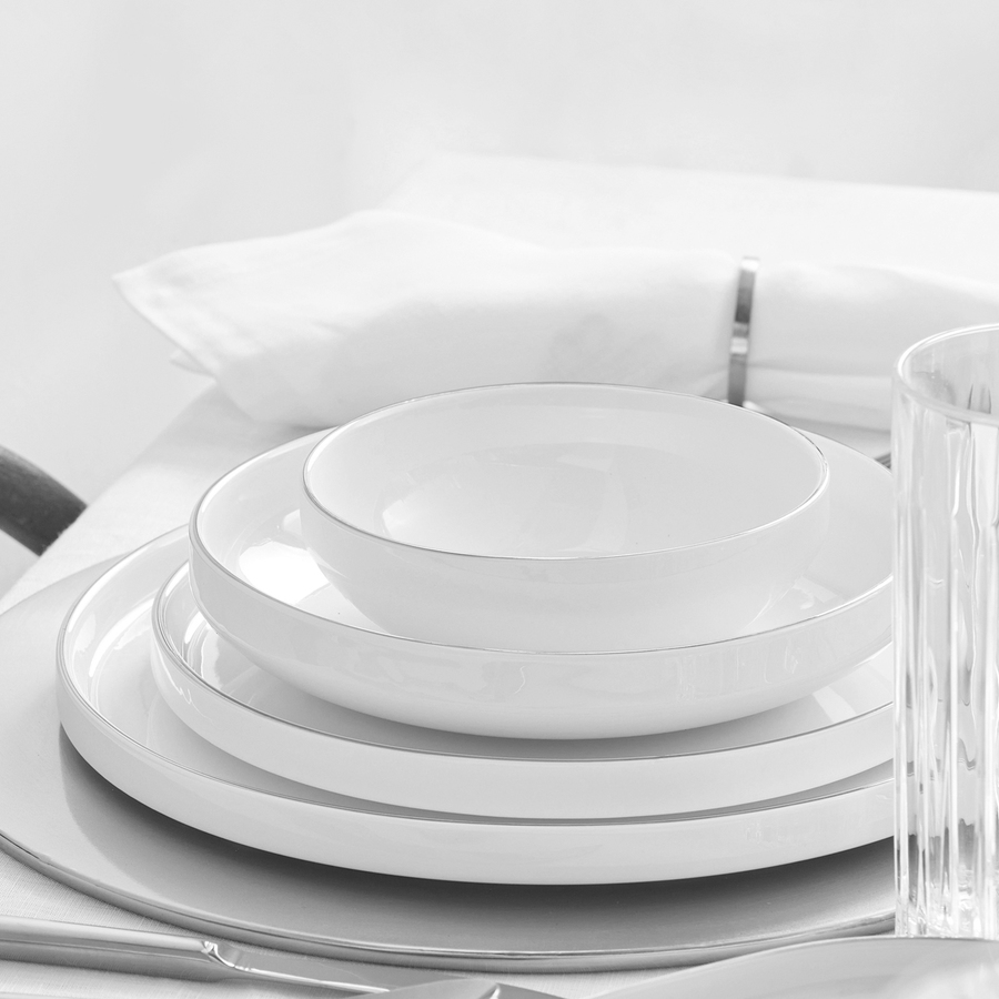 Karaca Streamline Saturn New Bone Dinnerware Set for 12, 59 Piece, White Platinum