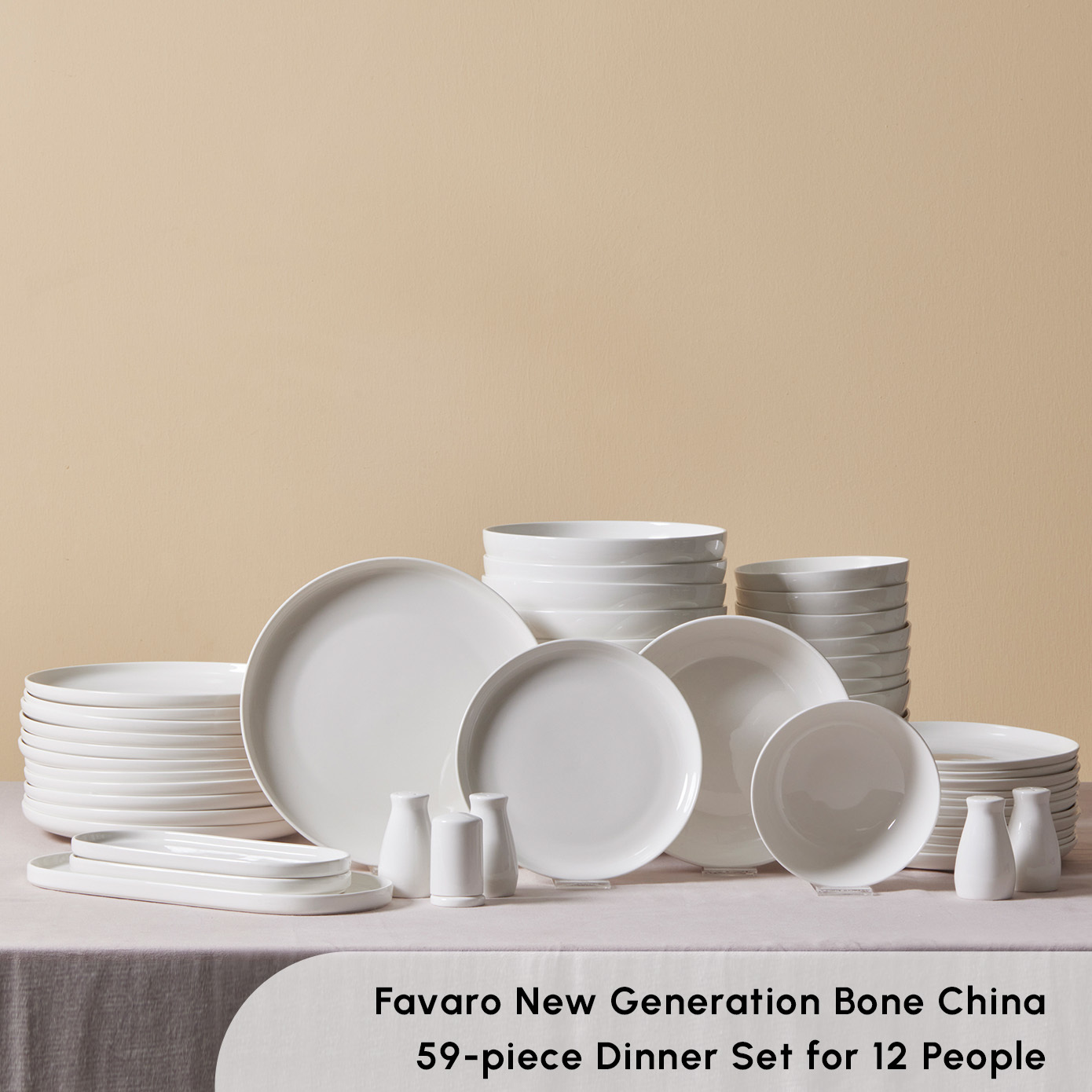 Karaca Favaro 56-Piece New Generation Bone China Dinner Set for 12 People,  White