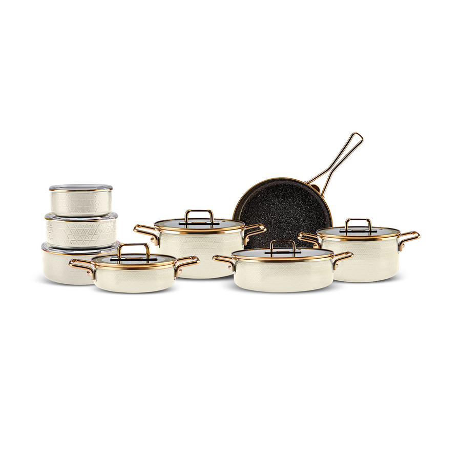 Karaca Ilion Enamel Induction Cookware Set, 8 Piece, Cream Gold - KARACA UK