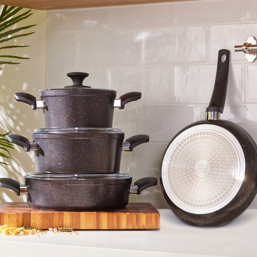 Karaca BlackGold BioGranite Cookware Set, 4 Pcs,Cookware Pot and Pan Set,  Non-Stick Coating, Convenient, Dishwasher Safe, Easy to Clean