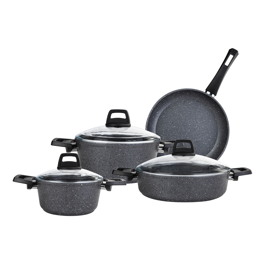 Karaca Biogranit Cookware Set, Gray, 7-Piece Cookware Set, Non-Stick Coating, Pot Pan Set with Glass Lids, Dishwasher-Safe, G