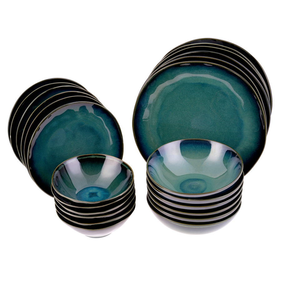 Karaca 24-Piece Reactive Glaze Dinner Set for 6 People, Dark Turquoise ...