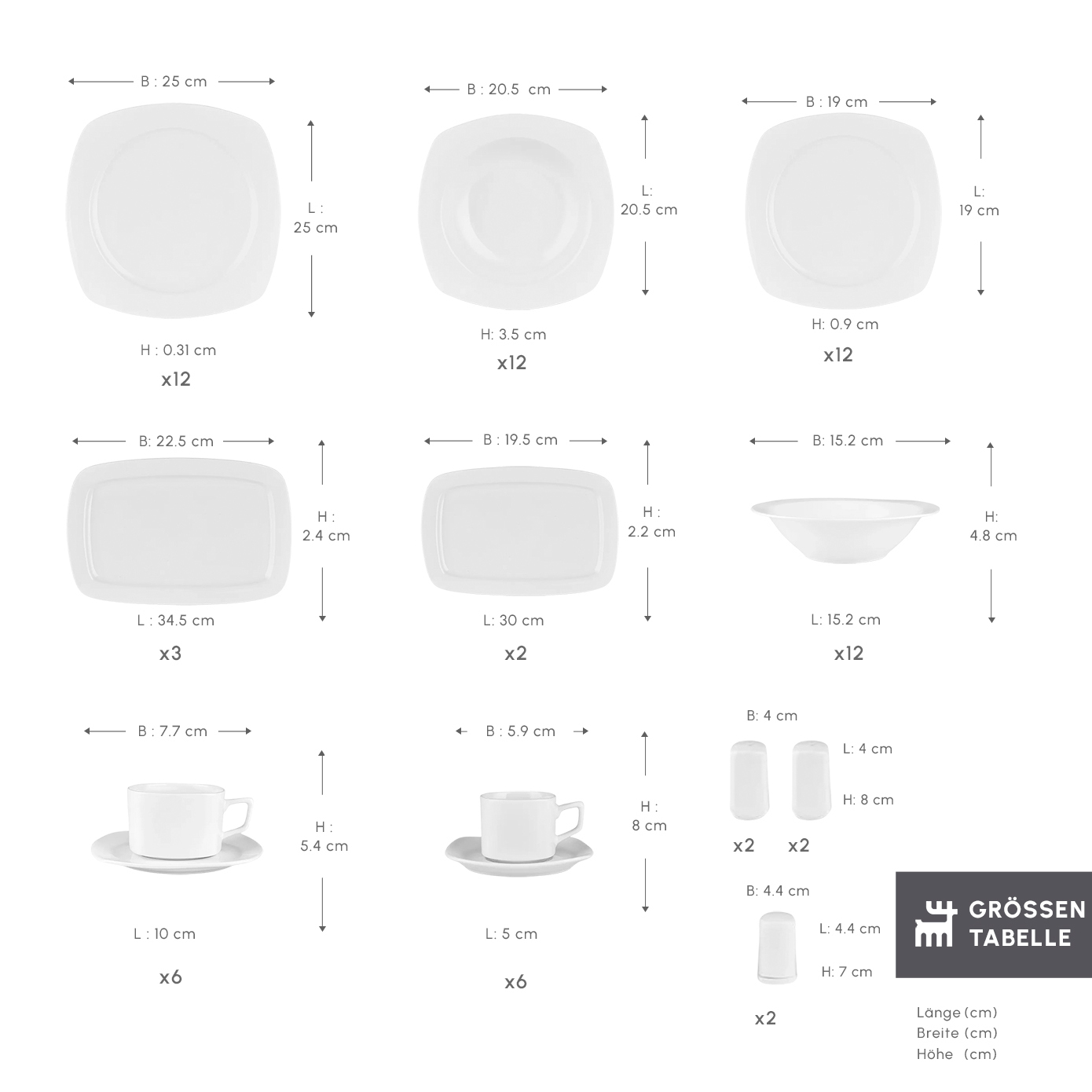 Karaca Timeless White Square Geschirr-Set für 12 Personen, 84  