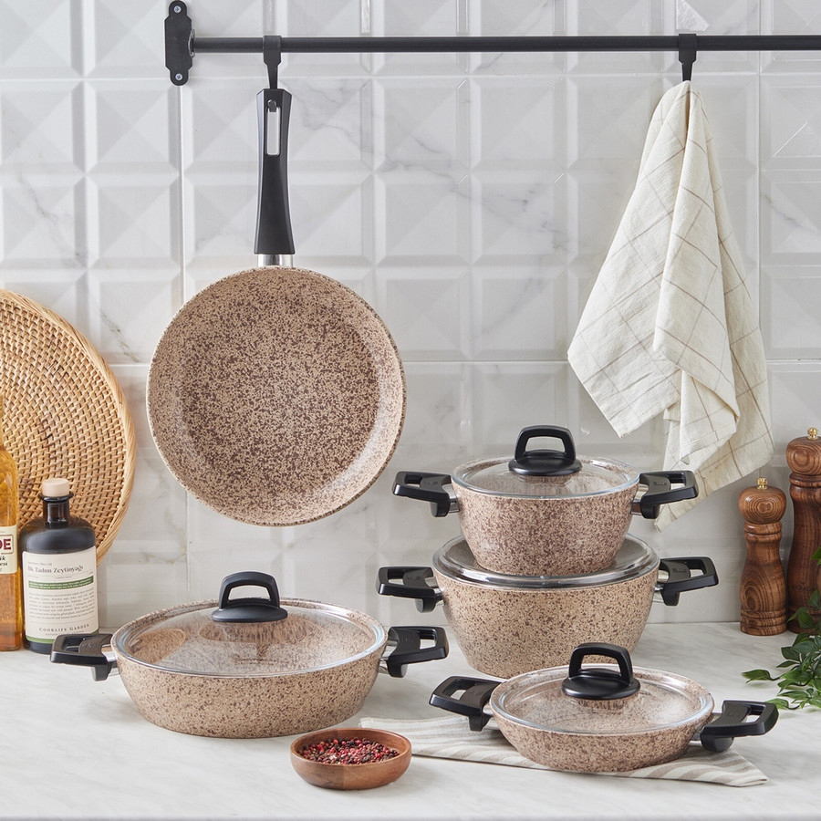 Karaca Wood Stone Biogranite Cookware Set, 9 Piece, Brown - KARACA UK