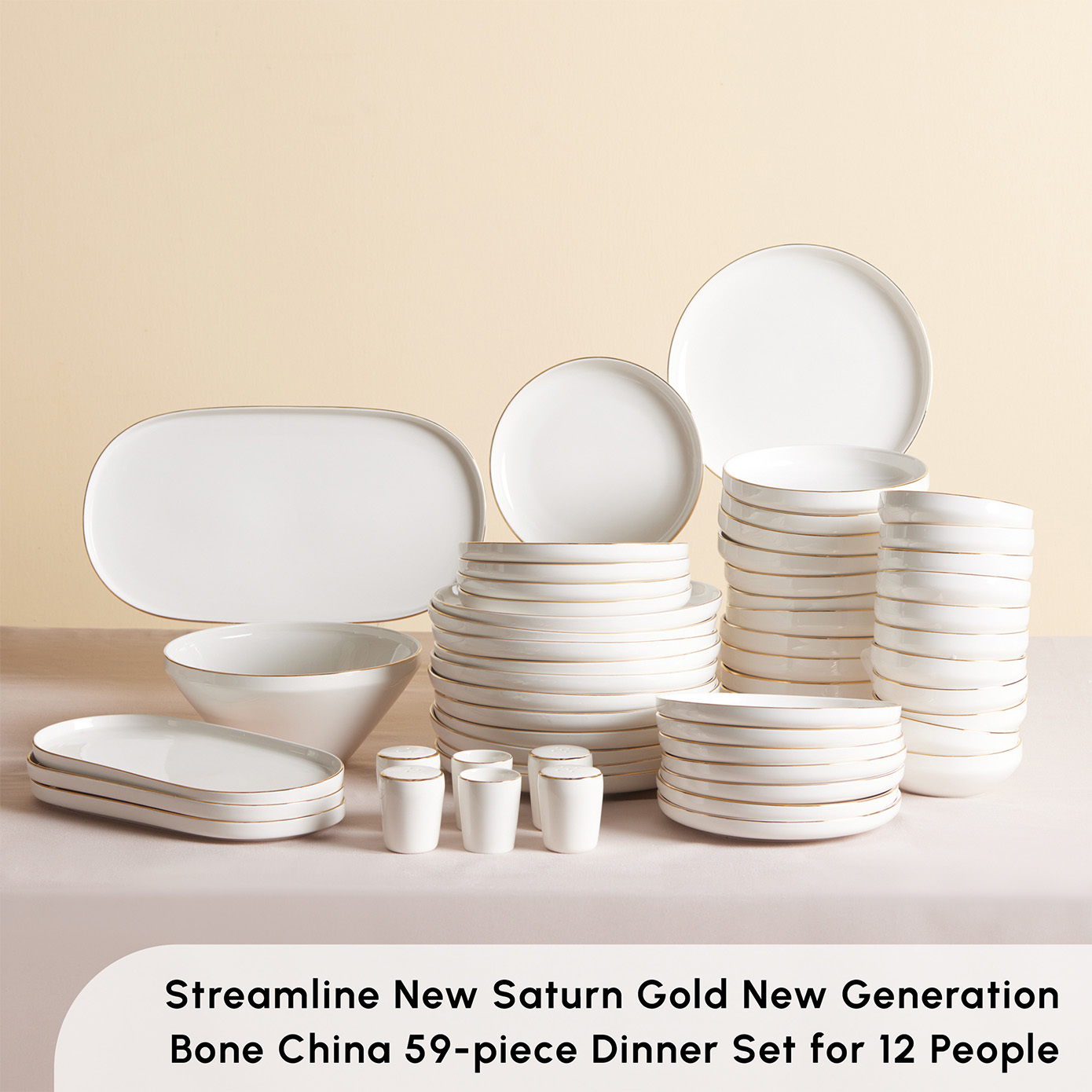 Karaca Red Carpet Collection Streamline New Saturn 59-Piece New Generation  Bone China Dinner Set for 12 People, White Gold