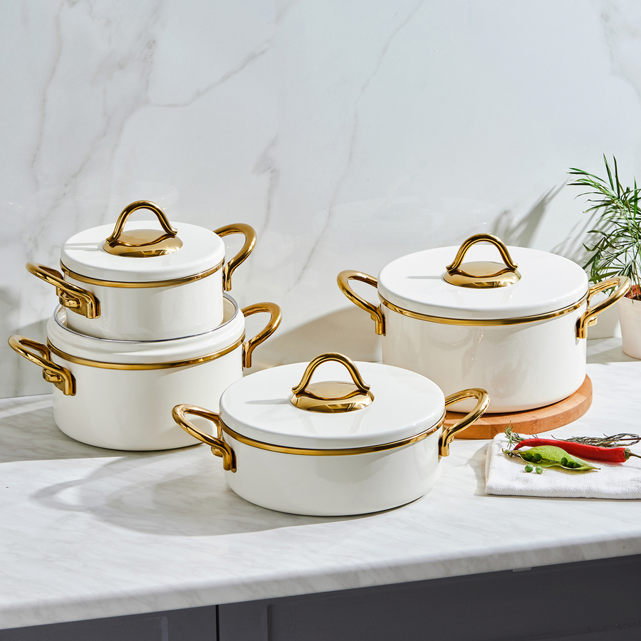 Karaca Ilion Enamel Induction Cookware Set, 8 Piece, Cream Gold - KARACA UK