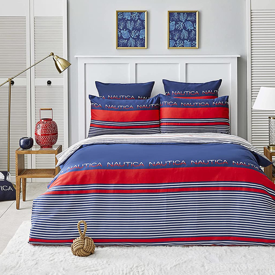 Nautica Drifting 100 Turkish Cotton Duvet Cover Set, Super King, 260cmx220cm, Navy Blue Multi