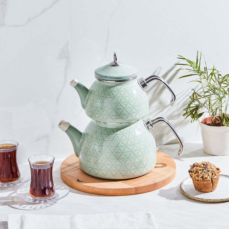 Karaca Kristal Enamel Induction Teapot Set, Green Silver - KARACA UK