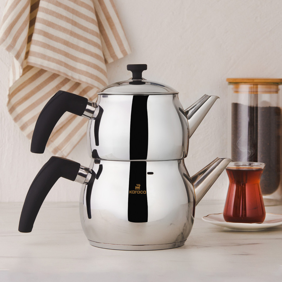 Karaca Alim Stainless Steel Teapot Set, Medium, Silver Black KARACA UK