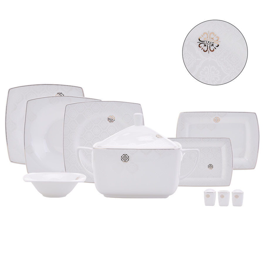 Karaca Fine Pearl Hailey 62Piece Dinner Set for 12 People, White Gold