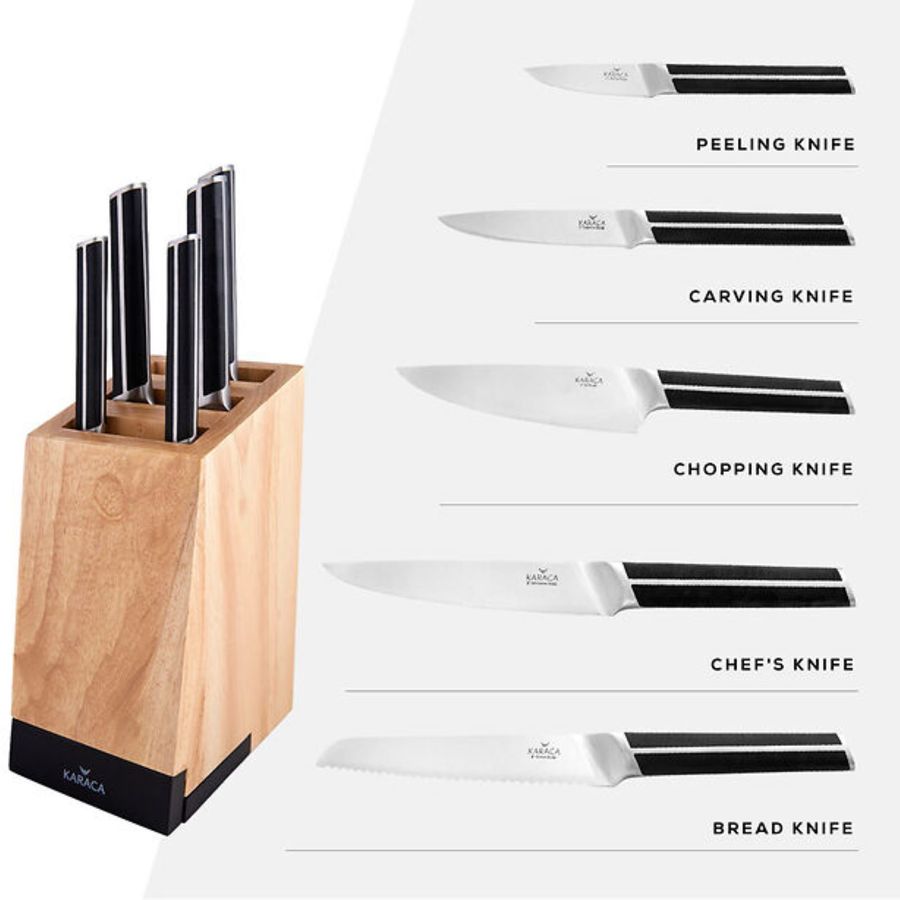 Karaca Marble 5 Piece Knife Block Set, Black - KARACA UK