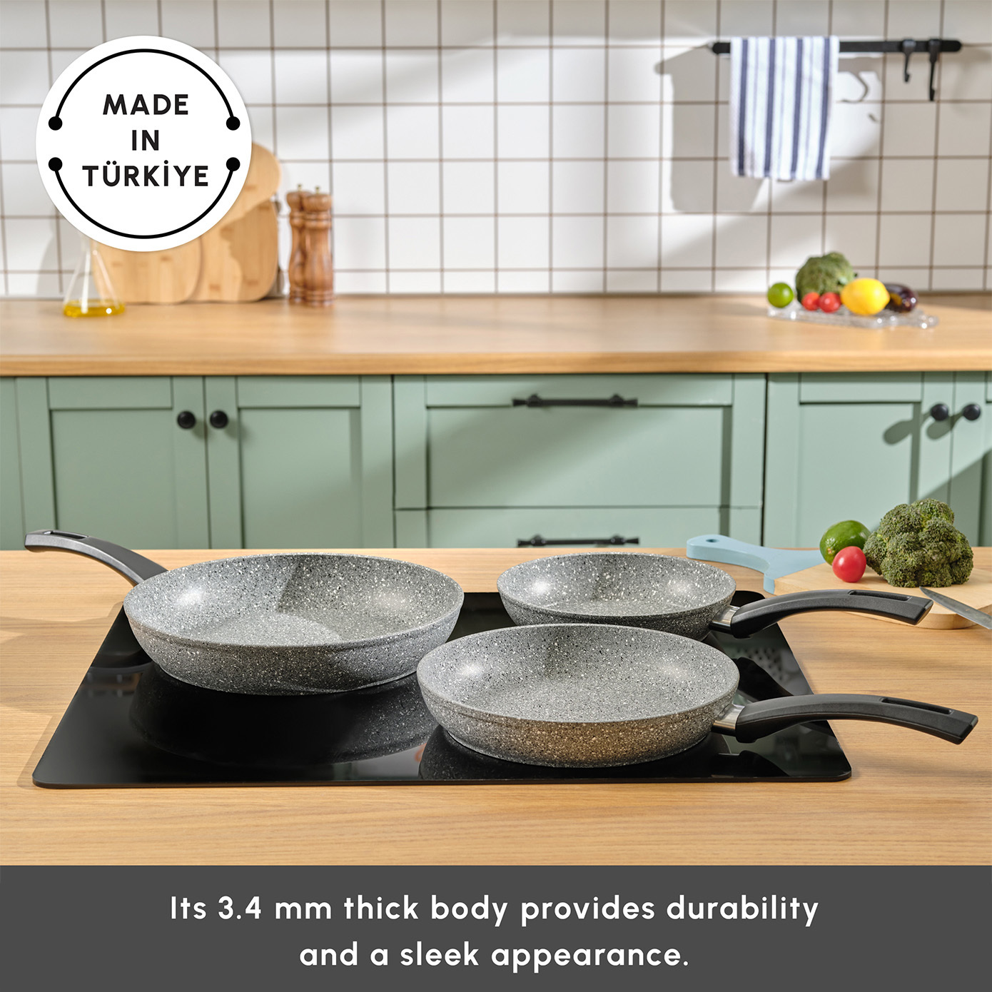Karaca Gris Biogranite 3-Piece Induction Pan Set, Grey - KARACA UK