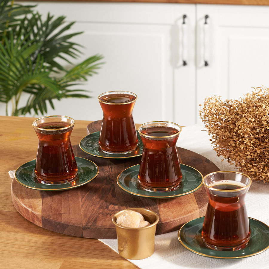 Karaca Retro 12-Piece Glass Turkish Tea Set for 6 People, 165ml, Green Gold
