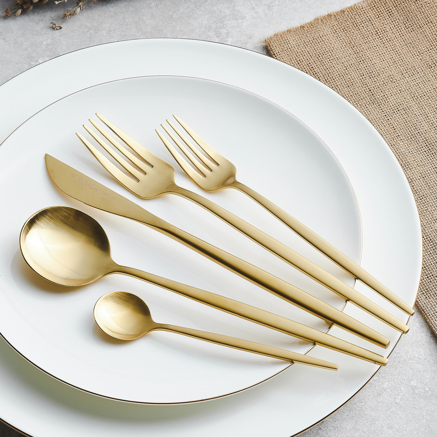 Karaca Orion Stainless Steel Cutlery Set for 6, 30 Piece, Matte Gold