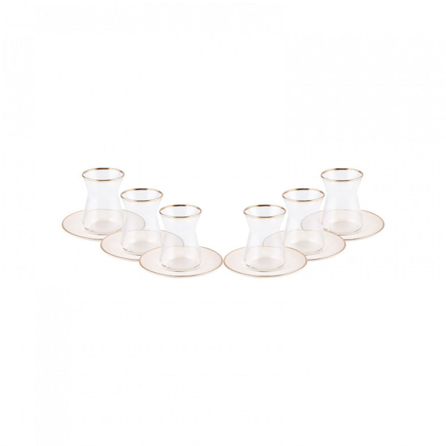 Karaca Retro 12 Piece Glass Turkish Tea Set for 6 People, 132ml, Beige