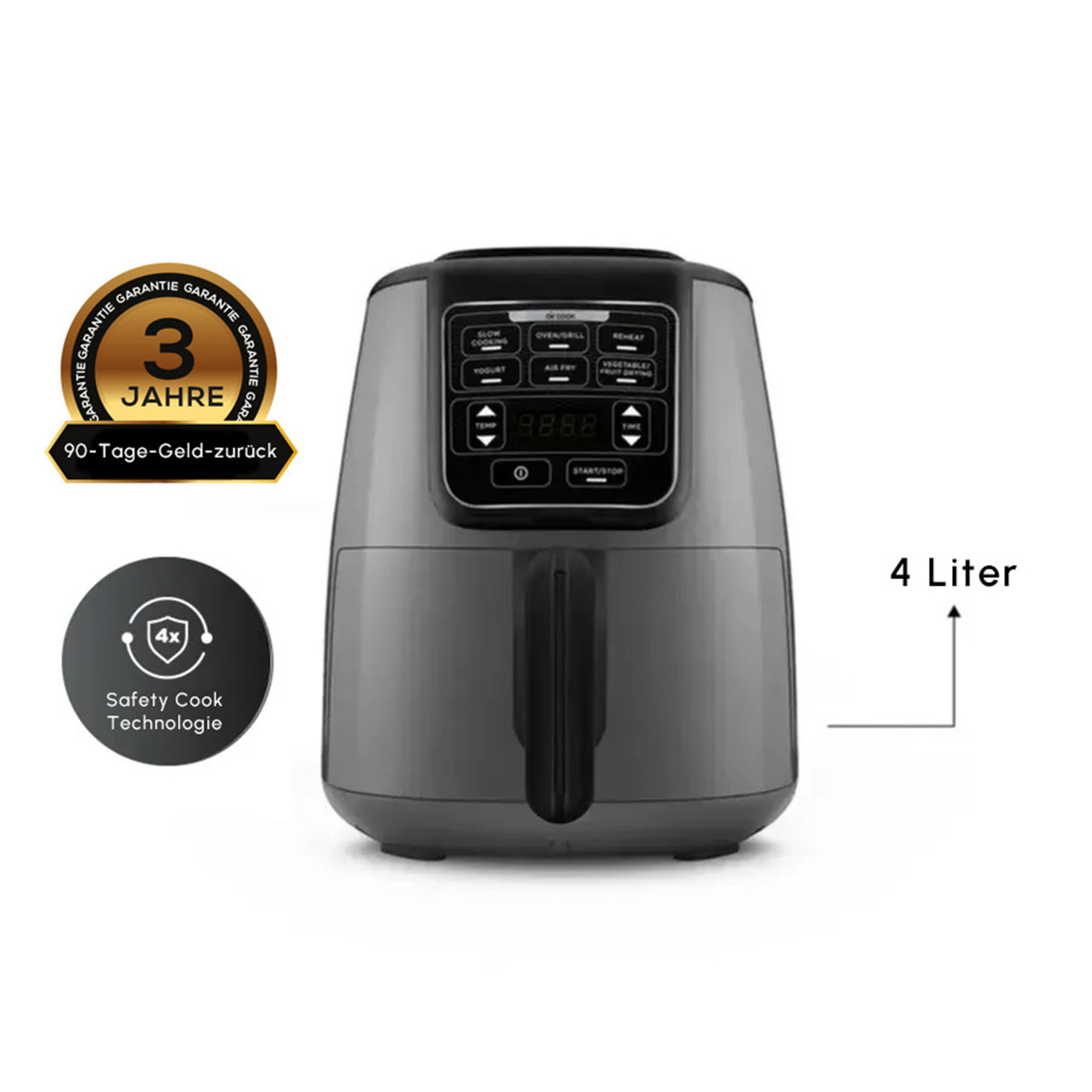 Karaca Air Cook XL 2 in 1 Airfryer Space Grau Schwarz, 4L, 1550W  