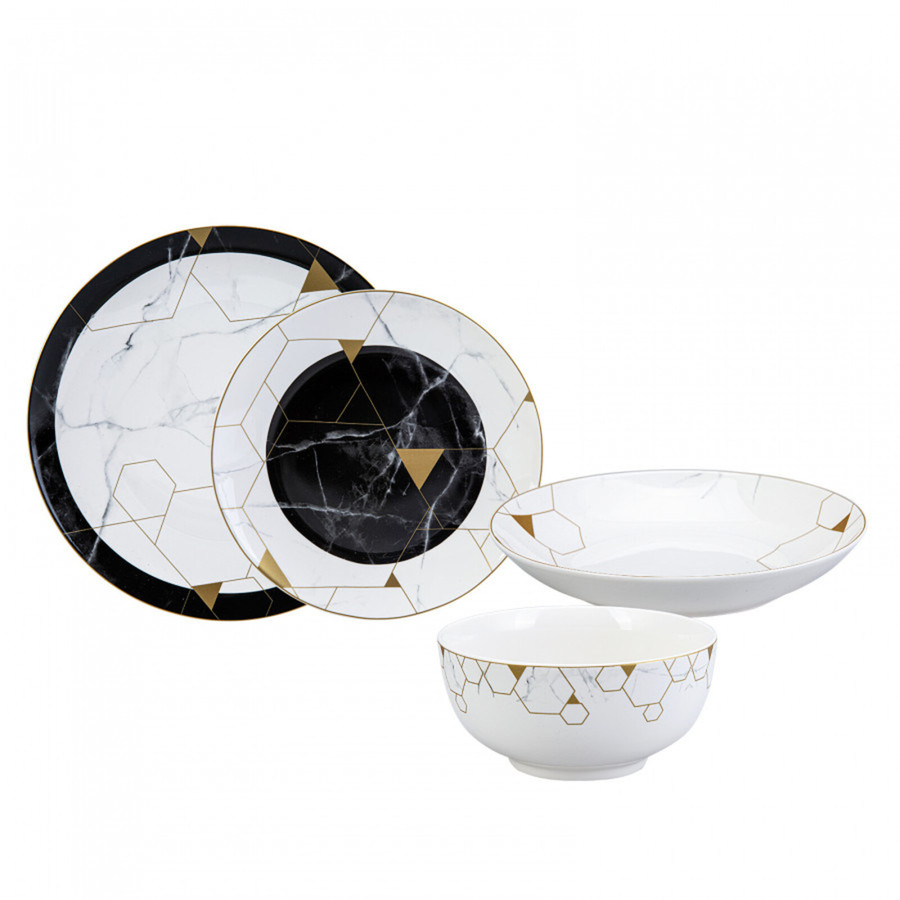 Karaca Gem 24 Piece Porcelain Dinner Set for 6 People Black Gold White KARACA UK